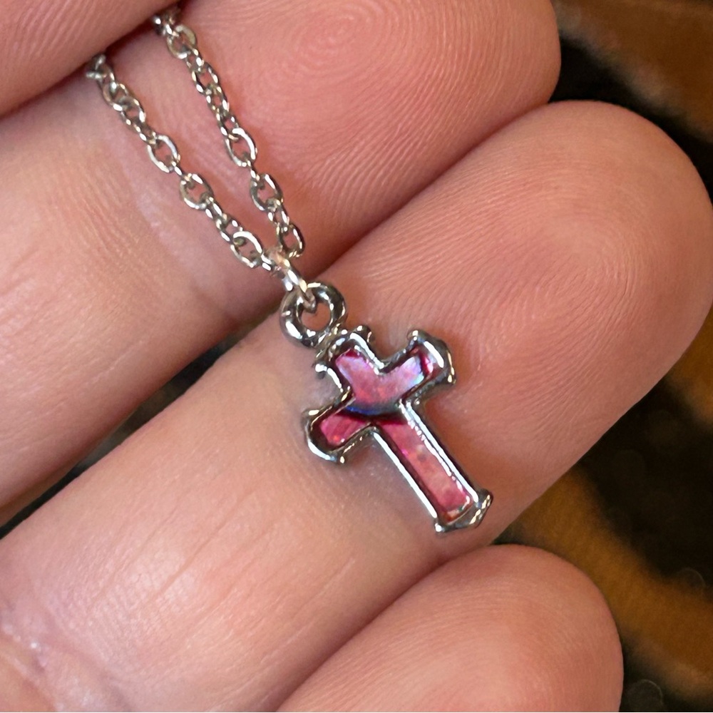 Handcrafted dyed abalone cross pendant on chain necklace
